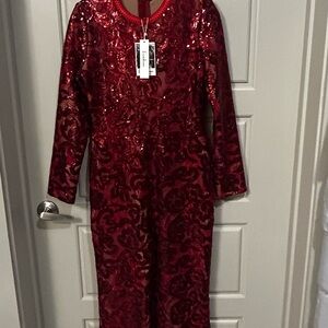 Luxe Red Sequin Floral Bell Bottom Jumpsuit